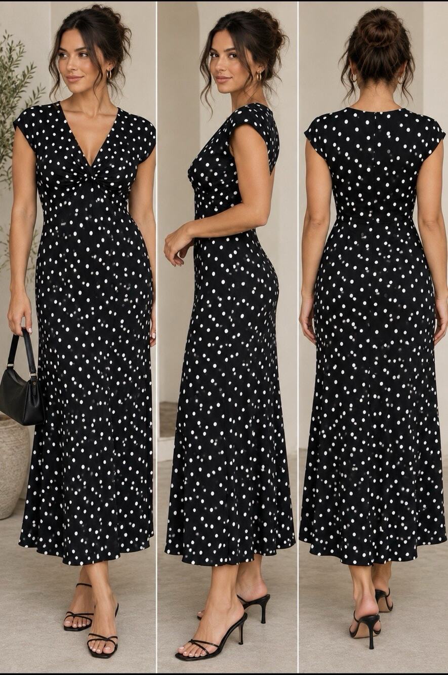 Vintage Jones New York Dress Womens 12p Black Polka Dot Fit & Flare Midi 90s